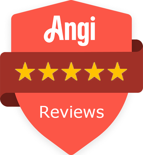 Angi 5 Star Logo Red badge with “Angi,” five yellow stars, and “Reviews” written below on a red ribbon across the badge.
