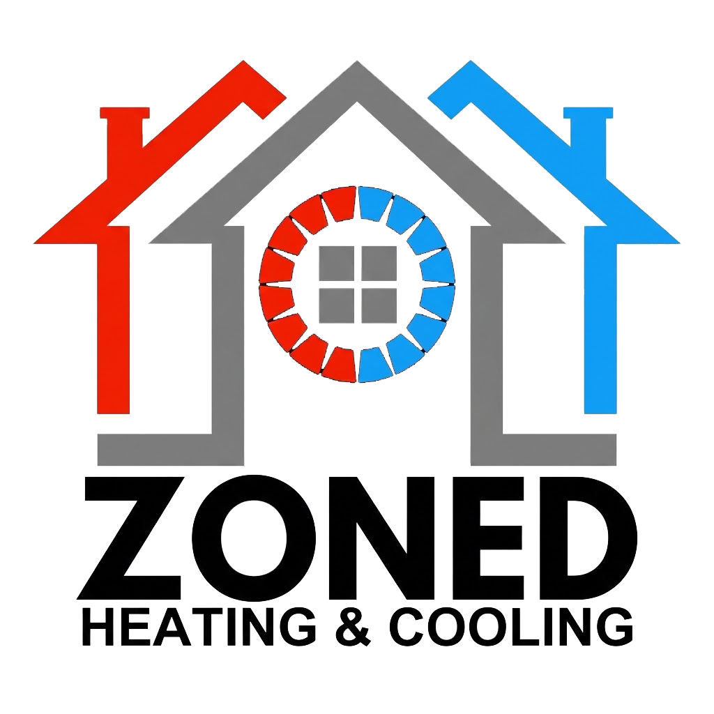 Logo for Zoned Heating & Cooling featuring a house icon with a red and blue climate control dial.