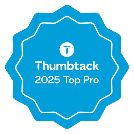 Blue badge reading “Thumbtack 2025 Top Pro” with a white border and Thumbtack logo at the top.