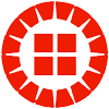 Red circular logo with four central squares and radiating triangular shapes around the border.