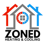 Logo for Zoned Heating & Cooling featuring a house outline and a temperature-themed icon.